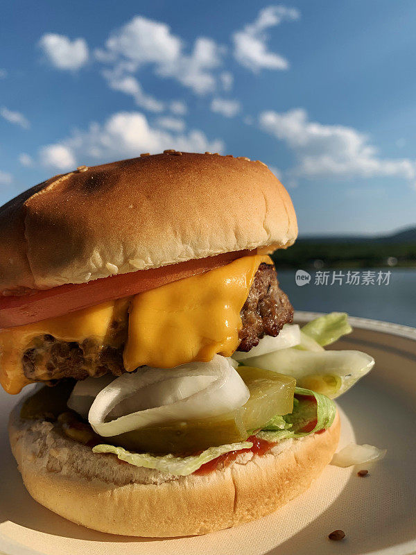 新鲜烤芝士汉堡享受户外露营野餐，佩恩湖，南阿尔伯塔