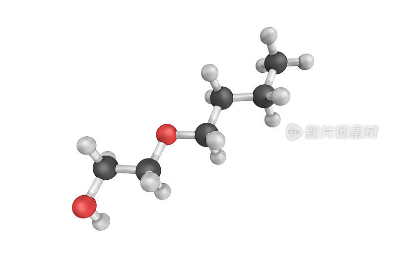 2-丁氧基乙醇的三维结构，一种无色液体，有一种类似醚的甜味气味。相对不挥发，低毒性的廉价溶剂