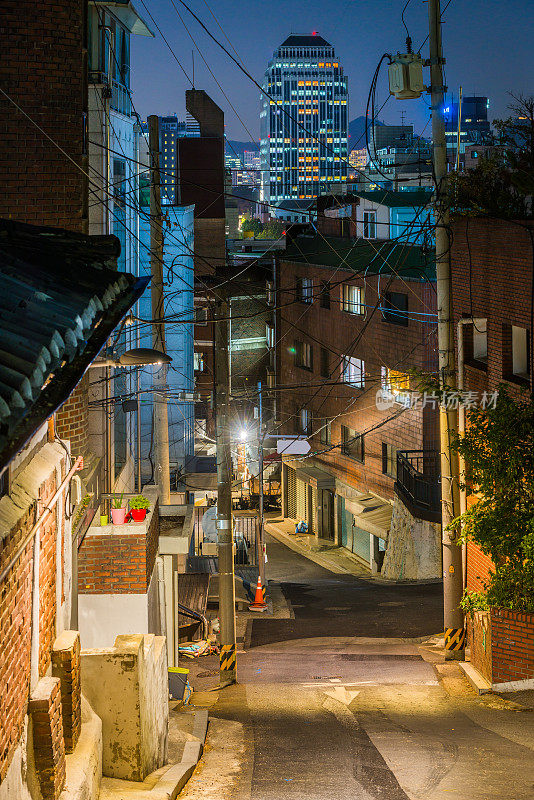 韩国首尔的城市小巷夜晚安静的城市街道