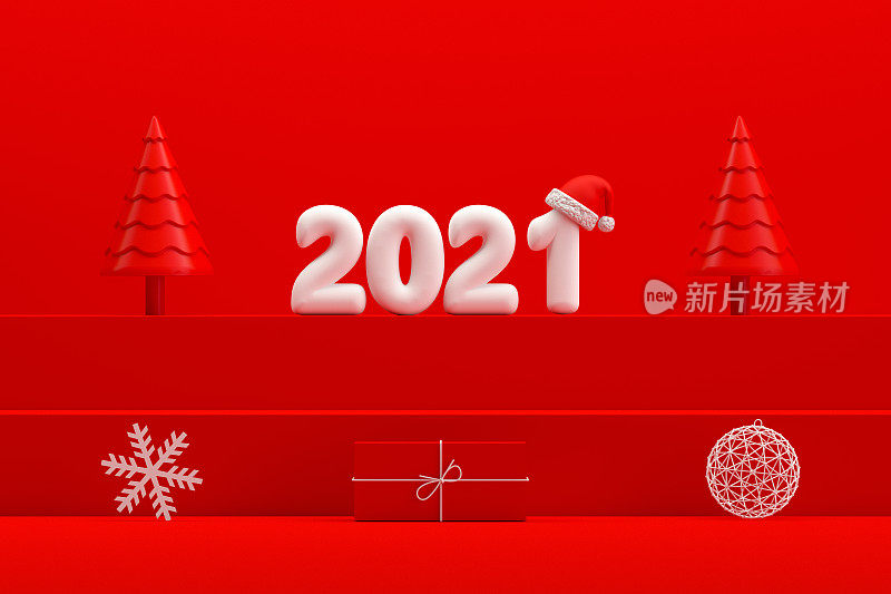 圣诞2021新年概念，红色背景，楼梯站讲台