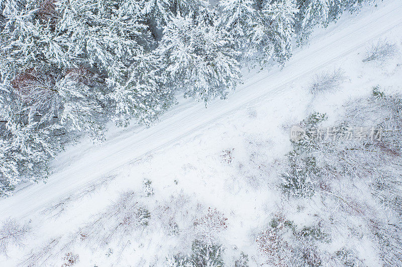 铁路被积雪覆盖的森林所包围的鸟瞰图。