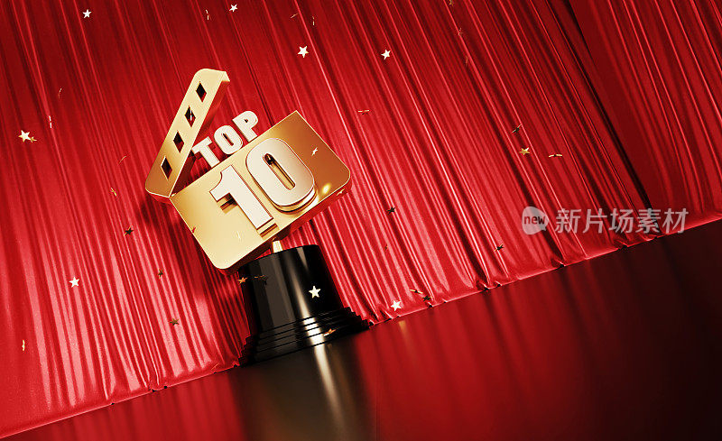 十大概念-金色的五彩纸屑落在一个金色的十大奖项前坐在红色舞台幕布