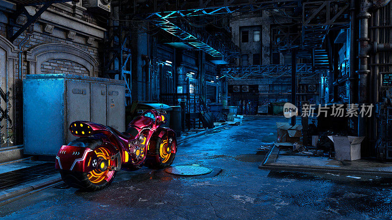 赛博朋克概念3D渲染的未来摩托车在黑暗破旧的城市街景。