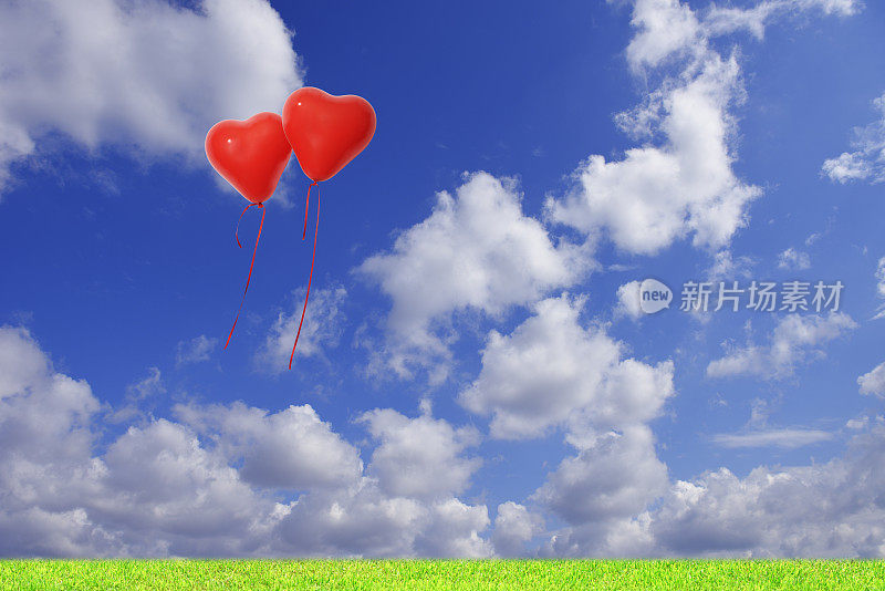 两个红色的心形气球在蓝色的天空中漂浮。