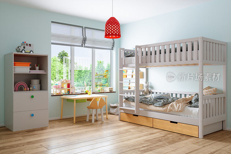 现代儿童房室内与双层床，桌子，橱柜和花园的观点，从窗户。