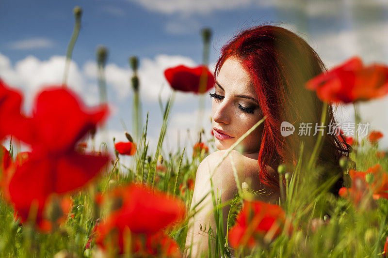 美丽的红发女人的肖像罂粟田