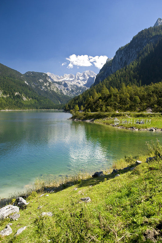 “湖Gosausee&quot;夏天有达赫斯坦山和冰川