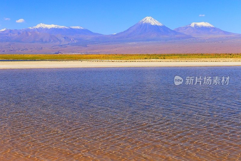 拉古纳塞贾尔-引人注目的半透明塞贾尔湖，利坎卡武尔和Miniques雪山火山和田园般的阿塔卡马沙漠，火山景观全景-圣佩德罗阿塔卡马，智利，Bolívia和阿根廷边境