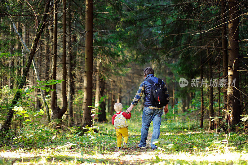 父亲和儿子在森林里徒步旅行活动