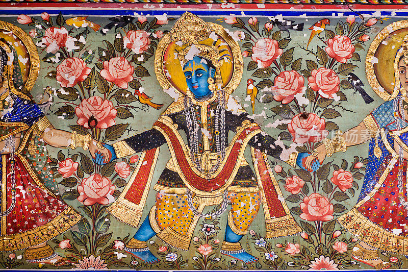 奎师那主用金色的颜料在古老的壁画上跳舞