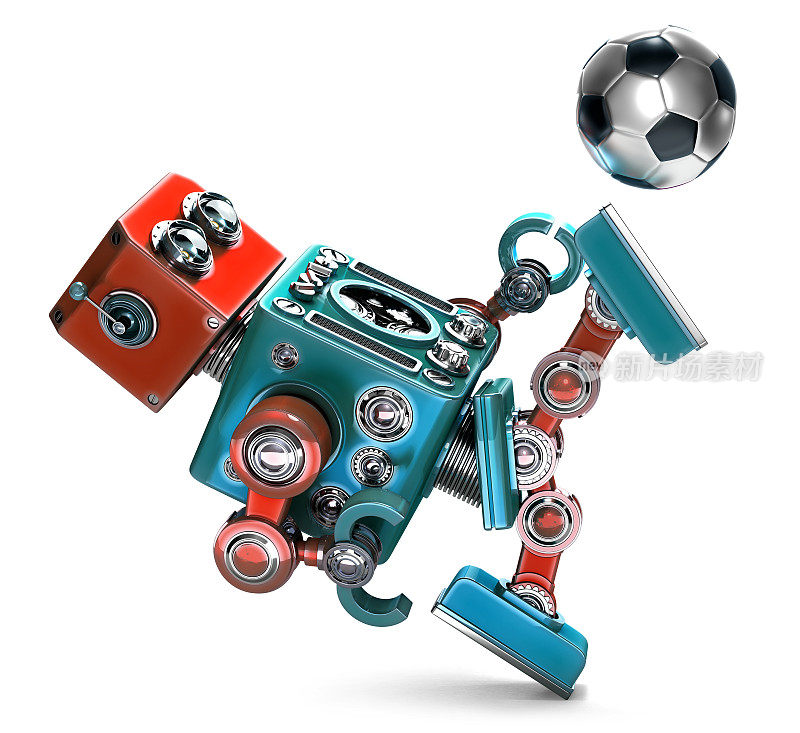 3D复古机器人踢足球。孤立。包含剪切路径