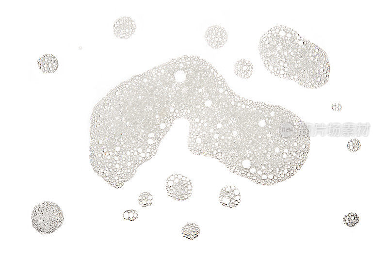一组泡沫和污渍从肥皂或洗发水清洗孤立在白色背景上俯视图照片对象设计