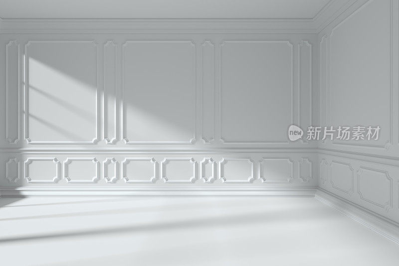 白色房间，墙壁上有经典风格的造型框架