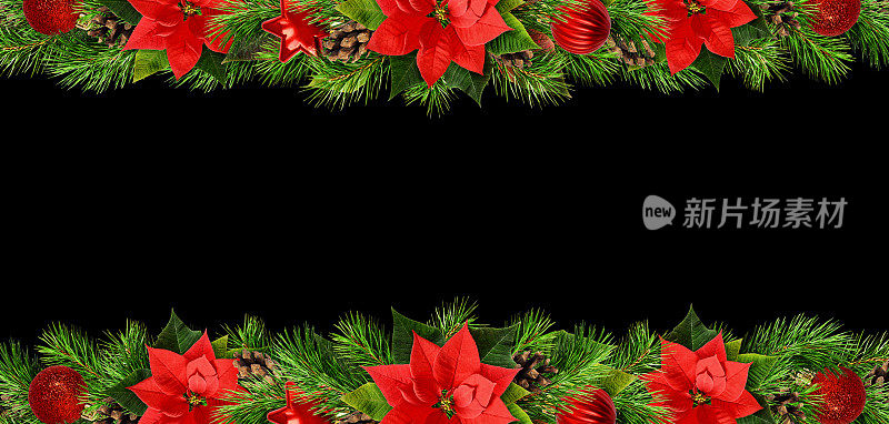 圣诞节的镶边用红色的牵牛花、松枝和装饰品装饰