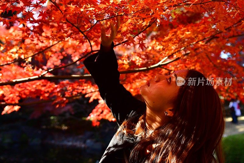 东京秋叶下的年轻日本女人肖像