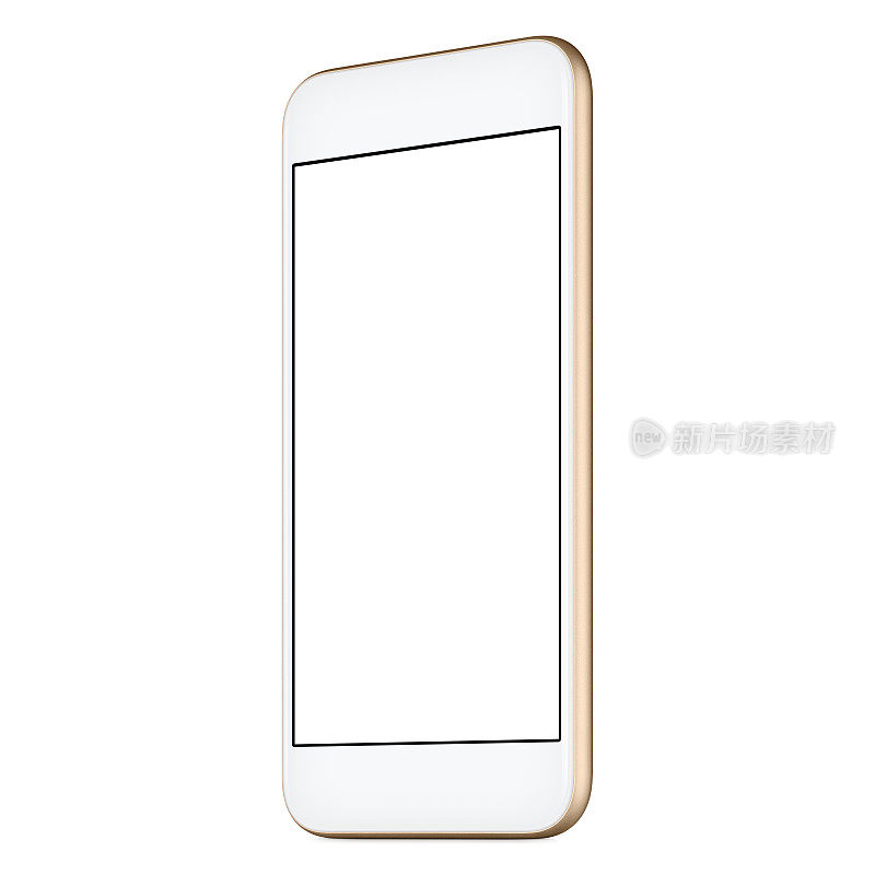 金色智能手机模型CW轻微旋转与空白屏幕隔离在白色背景