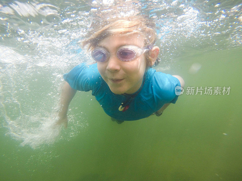 孩子们在夏日湖泊的碧水中游泳