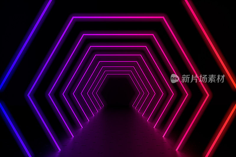 3d渲染抽象背景，六边形发光线，光隧道，霓虹灯，虚拟现实概念。