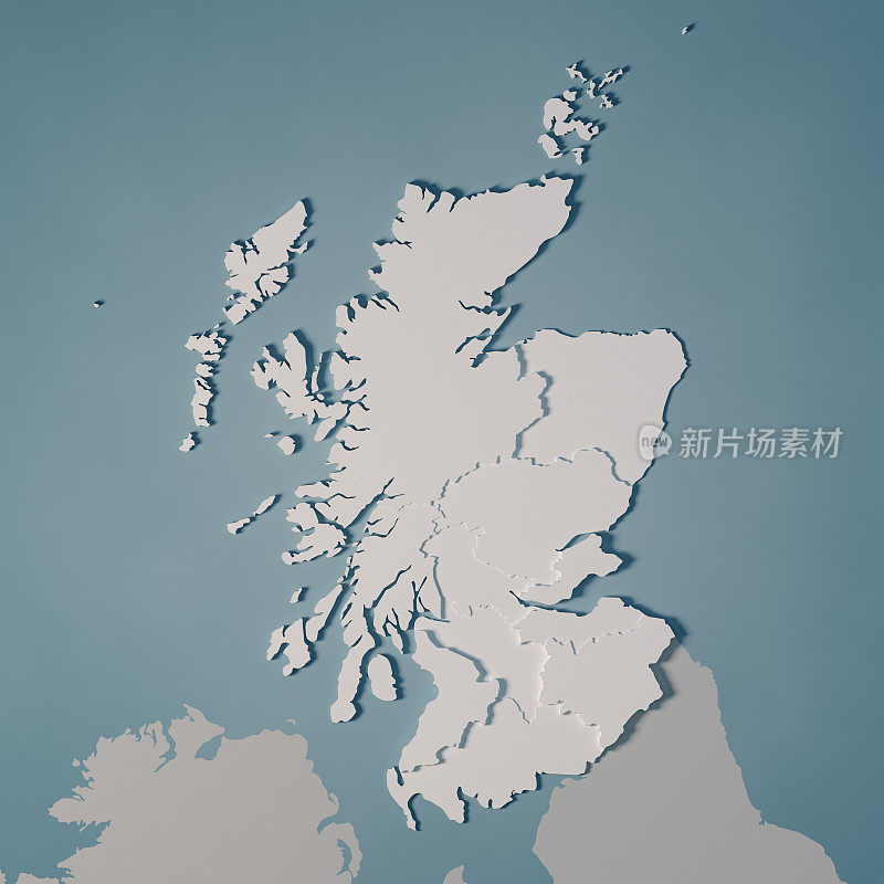 苏格兰国家地图区域行政区划3D渲染