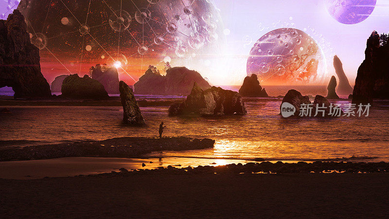 超现实主义的景观。背景中的行星和小行星。渔夫的轮廓