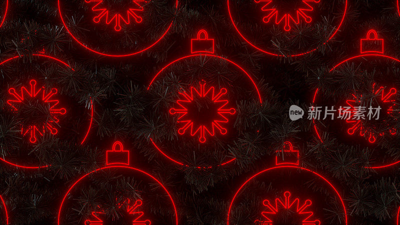 红色霓虹灯圣诞装饰在黑色圣诞树新年背景