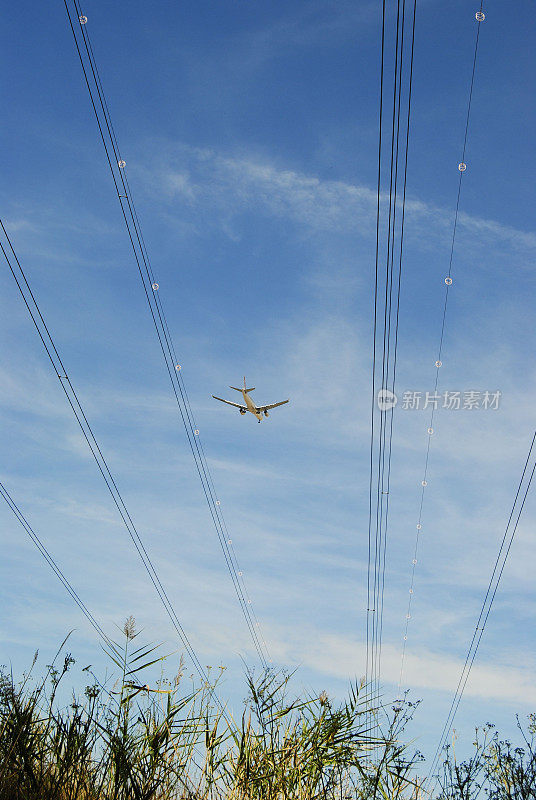 飞机在蔚蓝多云的天空中飞过，飞过树木和电线电缆