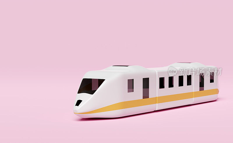 3d子弹头列车卡通，空中列车运输玩具，夏季旅游服务，规划旅行者旅游列车孤立在粉红色的背景。3d渲染图