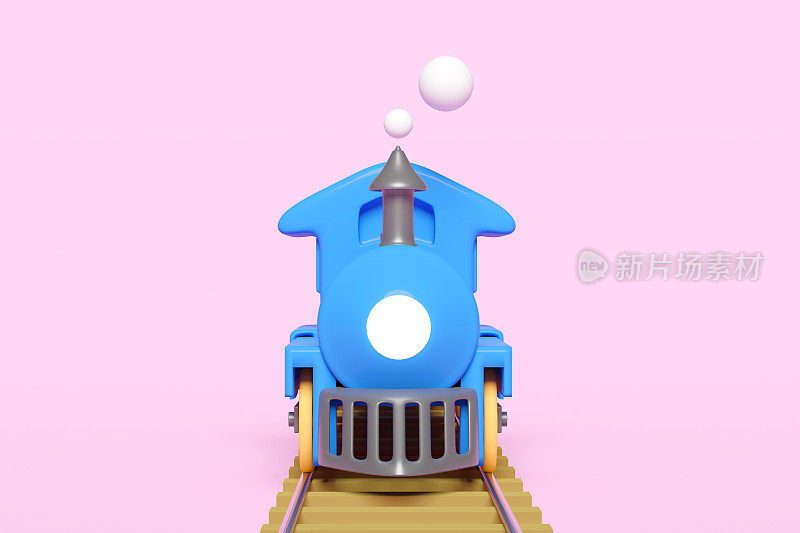 3d机车与铁路轨道，蒸汽火车运输玩具，夏季旅游服务，规划旅客旅游列车孤立在粉红色的背景。前视图，3d渲染插图，剪辑路径