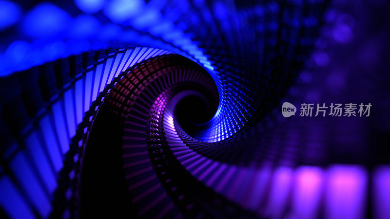 一个带有霓虹灯的螺旋隧道，穿过未来科技建筑，创造出视觉上令人惊叹和身临其境的效果