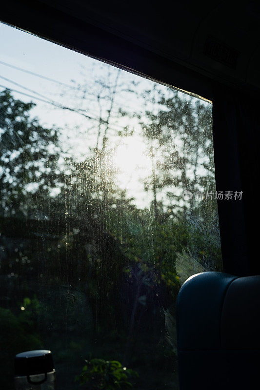 有阳光和树的脏火车窗户
