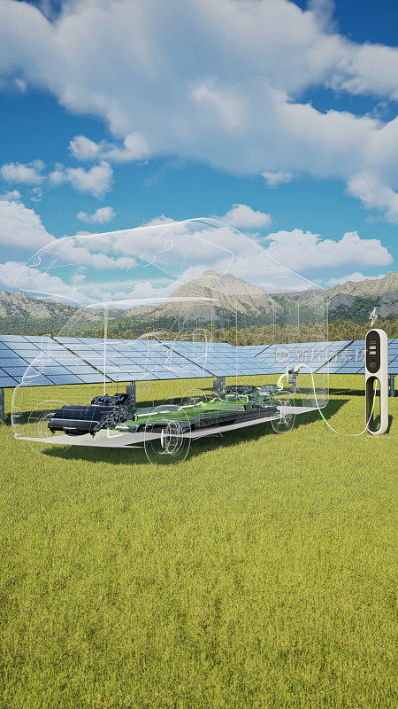 露营车拖车在装有太阳能电池板的电动汽车充电站充电