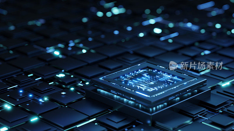 未来主义的中央处理器单元在抽象的主板上，蓝色的光和射线作为数据传输的象征。量子计算。