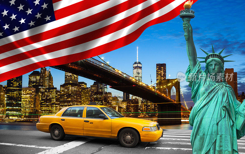 有自由女神像的纽约黄色出租车