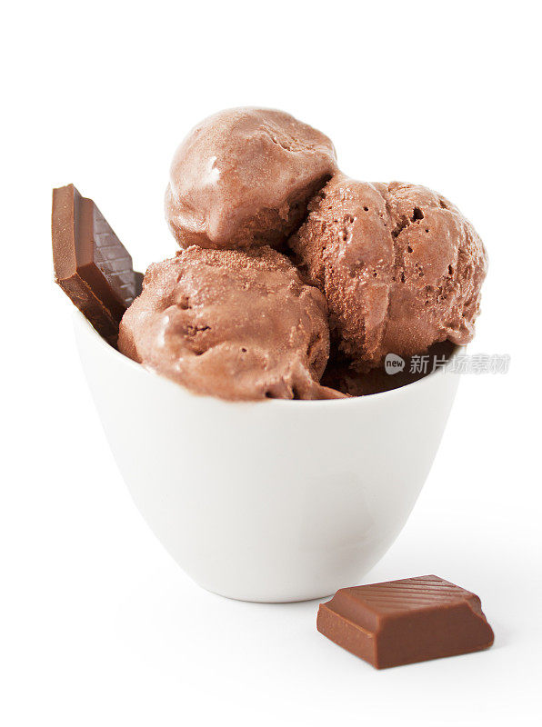 冰淇淋球在一个白色的碗与巧克力方块