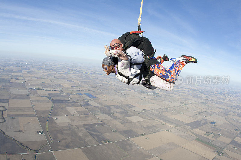 制作和女双人跳伞运动员在天空中