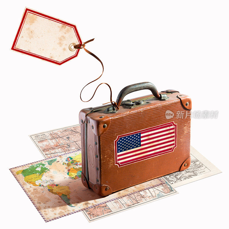 不同地图上的古董皮箱美国国旗