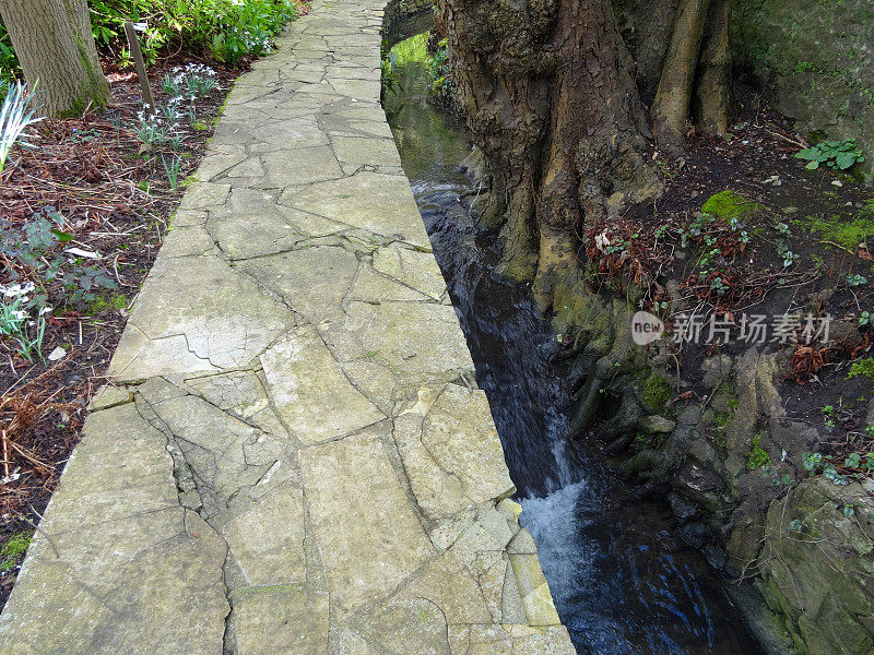 景观花园中，小溪边疯狂铺路的形象