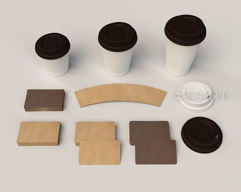 三维渲染咖啡店包装设计，概念模型咖啡杯设置上孤立