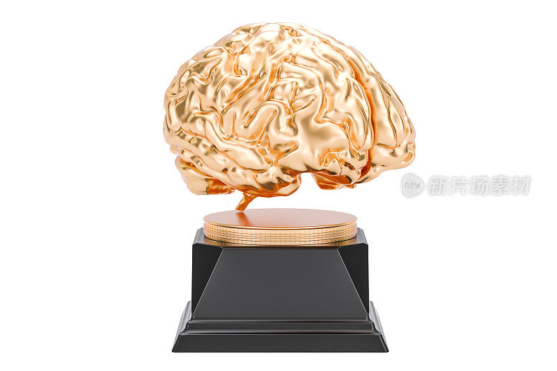 金脑，金奖。3D渲染孤立的白色背景