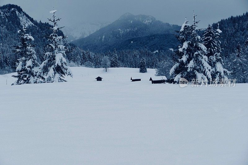 在欧洲阿尔卑斯山脉，冰雪覆盖的冬季景观和森林