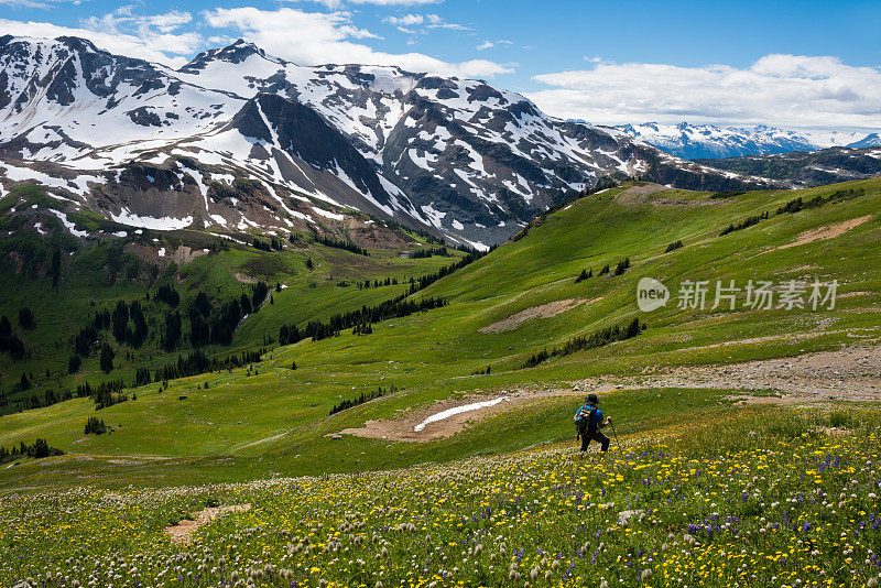 在美丽的山脉中徒步旅行