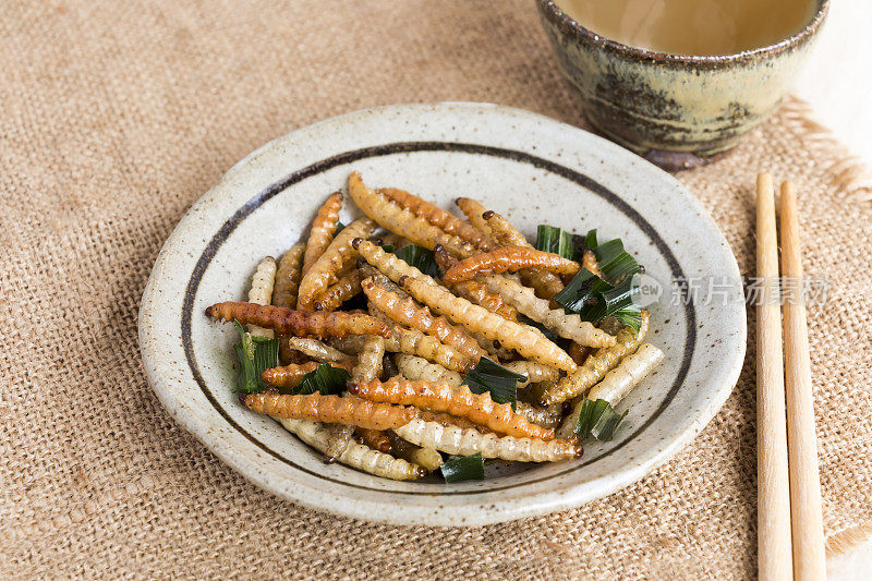 食物昆虫:竹虫(竹毛虫)虫炸酥脆的食物作为食物，用筷子夹在盘子里，茶在麻布袋上，是很好的蛋白质来源，可食用的未来的食物概念。