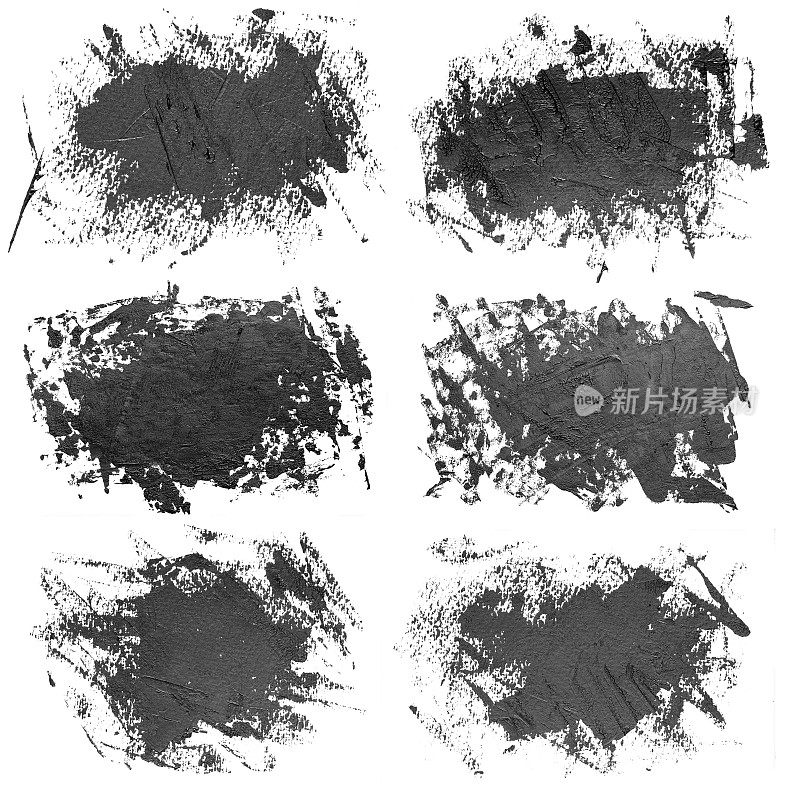 一组六个黑色油画笔触，孤立在白色背景上。每个项目都可以在我的作品集中以高分辨率单独下载。