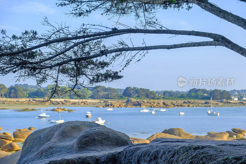 法国布列塔尼粉红色花岗岩海岸圣古雷港的帆船湾