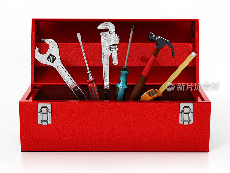 红色金属工具箱与各种手工工具