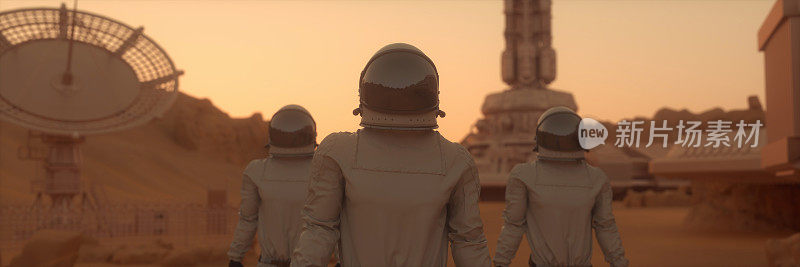 宇航员在火星表面。火星殖民的概念。三维渲染