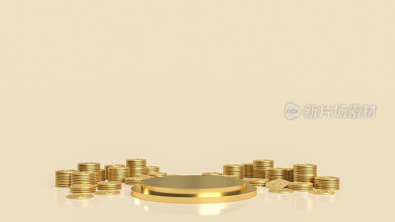 金色的讲台和硬币用于展示3d渲染