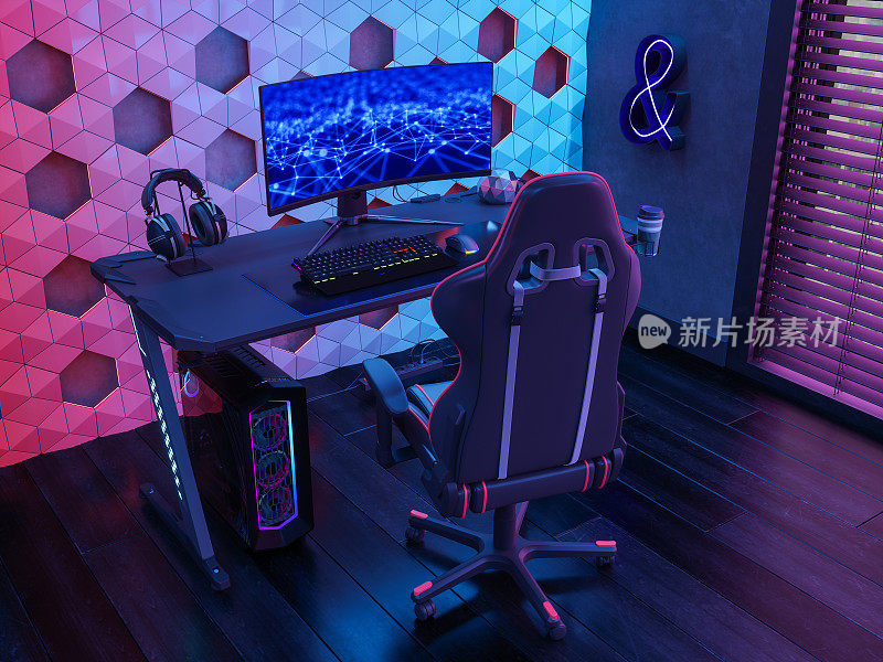 游戏室与游戏椅，电脑显示器和霓虹灯在晚上