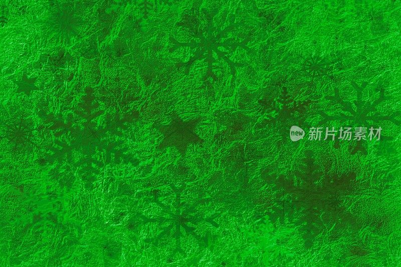 抽象绿色发光的节日背景与星星形状和雪花。