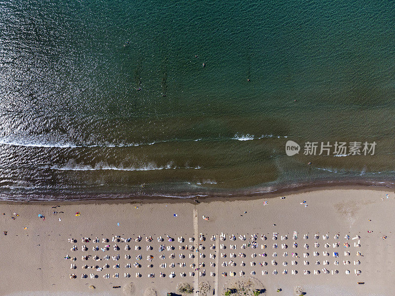 鸟瞰沙滩上的日光浴床、休息室、雨伞。夏季与旅游概念